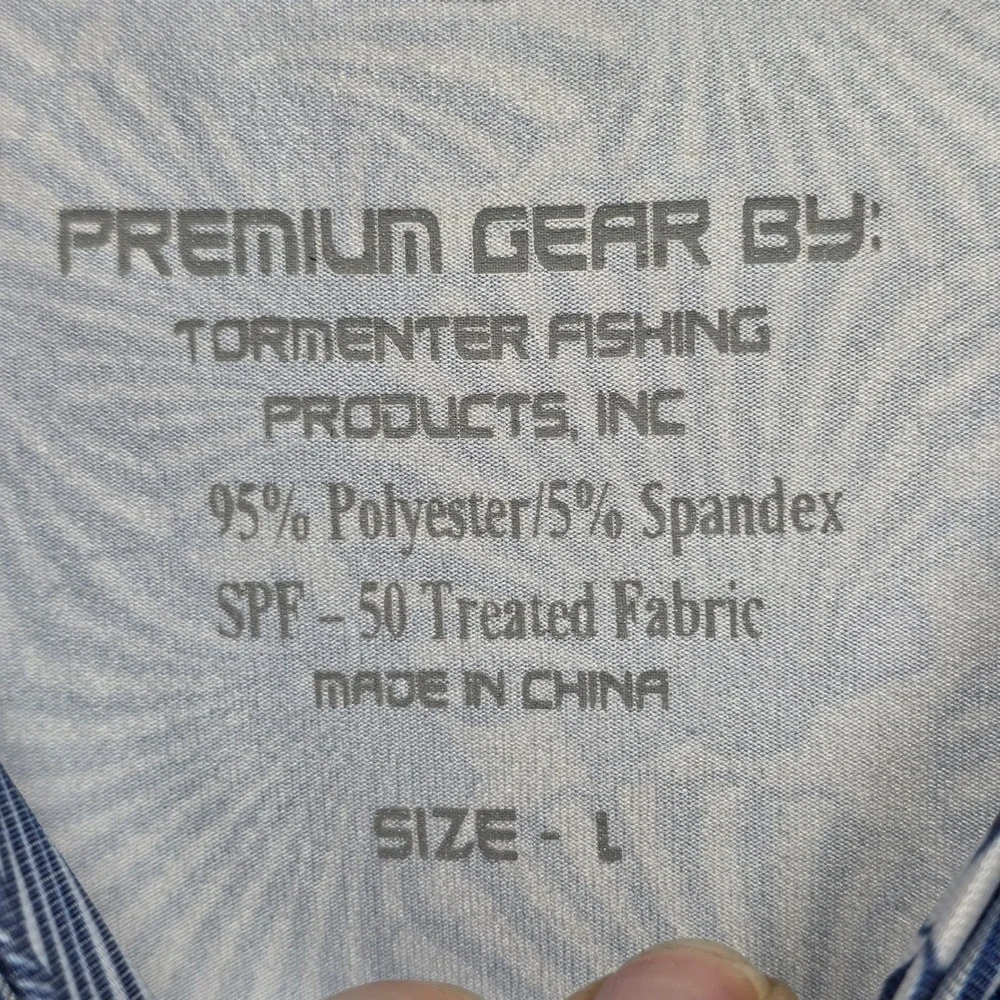 Tormenter Fishing Mens Blue Seashell Rash Guard SPF 50 Long Sleeve Shirt Large
